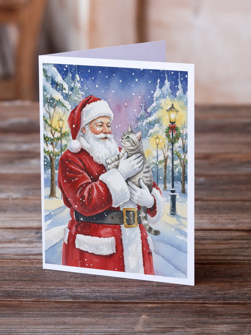 Silver Classic Tabby Cat with Santa Claus Greeting Cards Pack of 8 Blank Cards with Envelopes Whimsical A7 Size 5x7