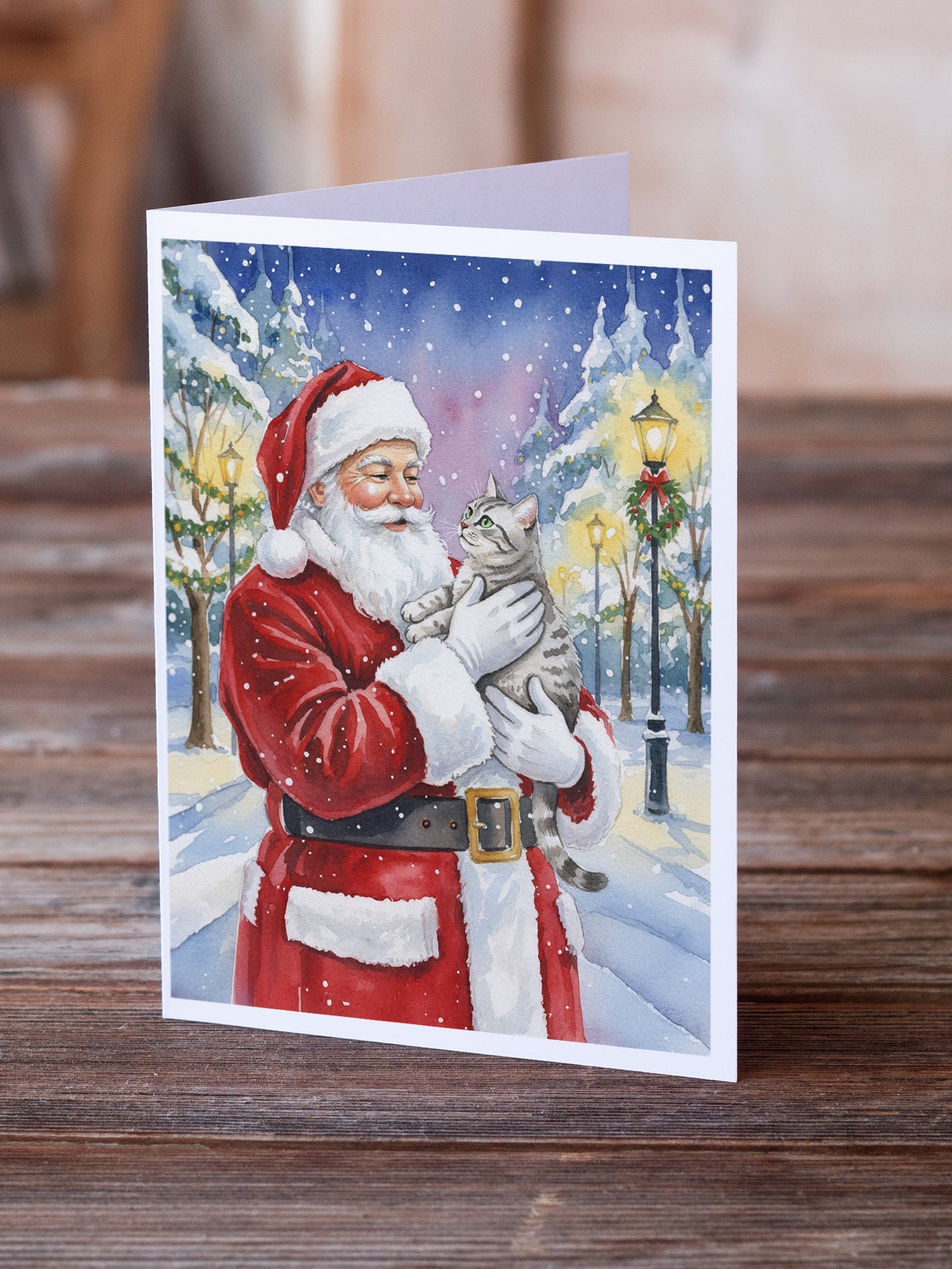 Silver Classic Tabby Cat with Santa Claus Greeting Cards Pack of 8 Blank Cards with Envelopes Whimsical A7 Size 5x7