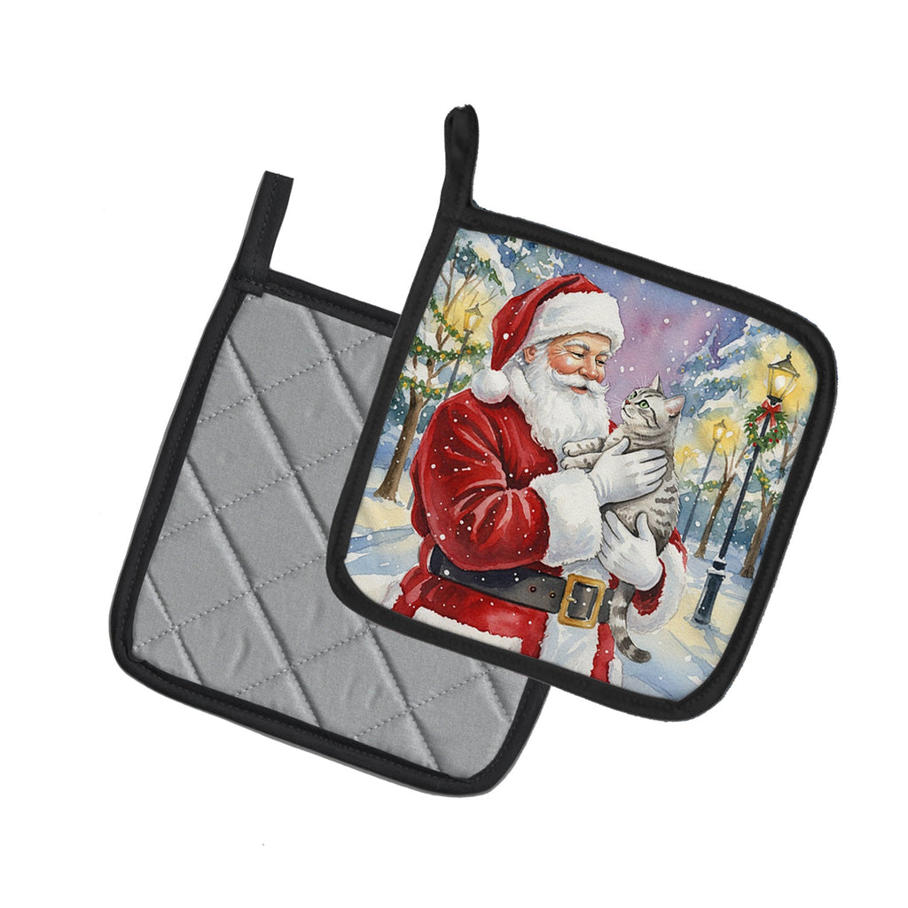 Silver Classic Tabby Cat with Santa Claus Pot Holder Set of 2 Heat Resistant Quilted Hot Pads 7.5 x 7.5 Inch, Insulated Kitchen Trivets for Cooking & Baking