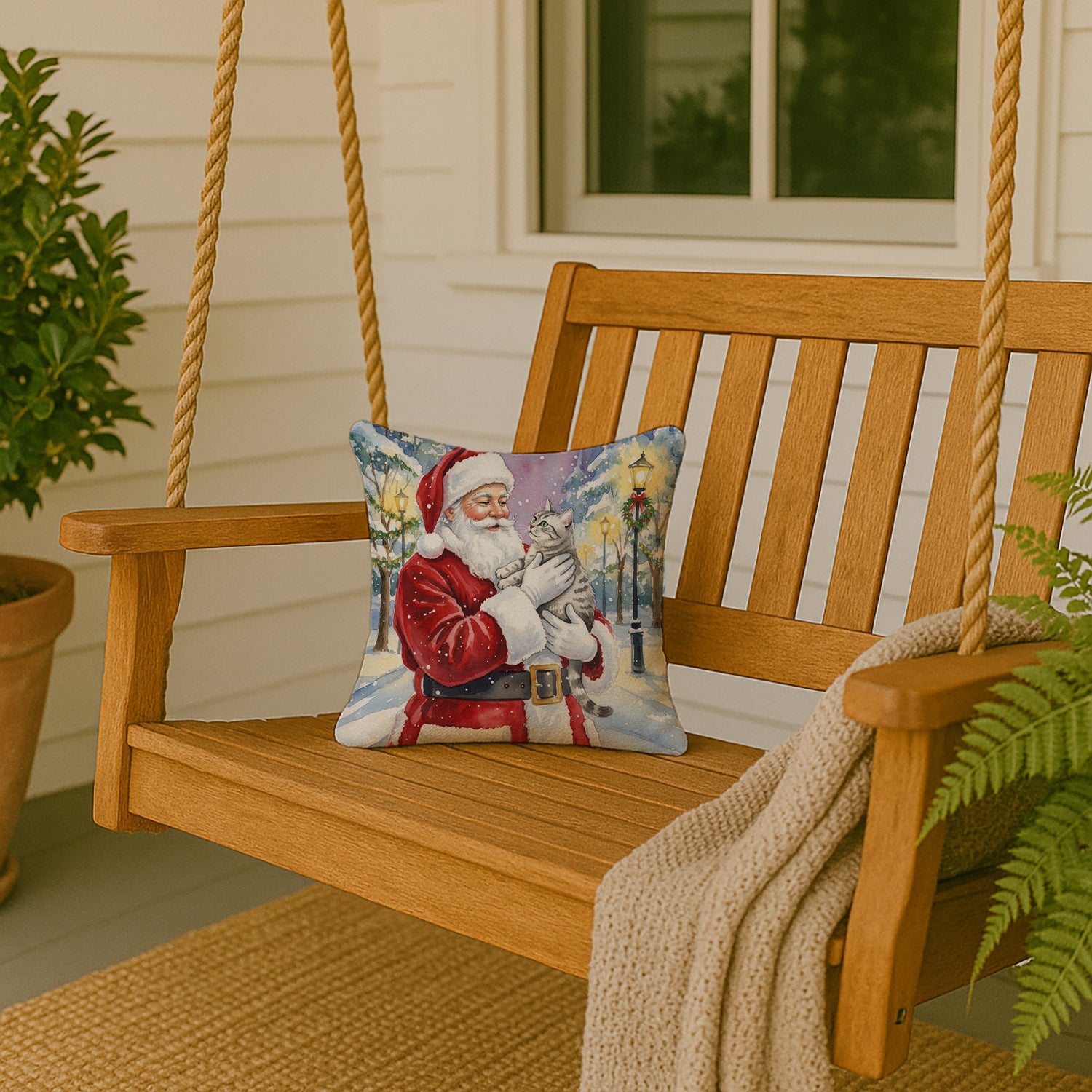 Silver Classic Tabby Cat with Santa Claus Decorative Throw Pillow 14x14 Indoor Outdoor Accent Cushion, Fabric Cover with Insert for Sofa, Bed, Porch & Living Room