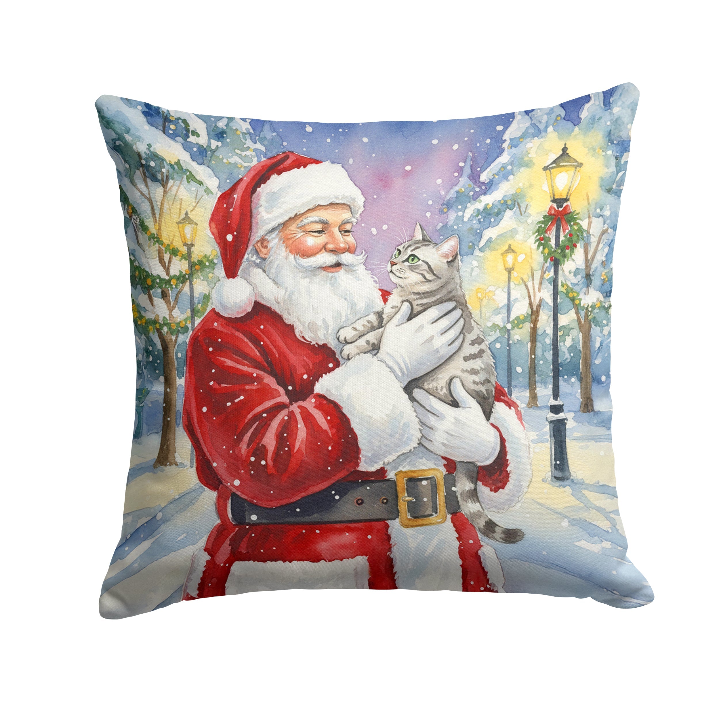Silver Classic Tabby Cat with Santa Claus Decorative Throw Pillow 18x18 Indoor Outdoor Accent Cushion, Fabric Cover with Insert for Sofa, Bed, Porch & Living Room