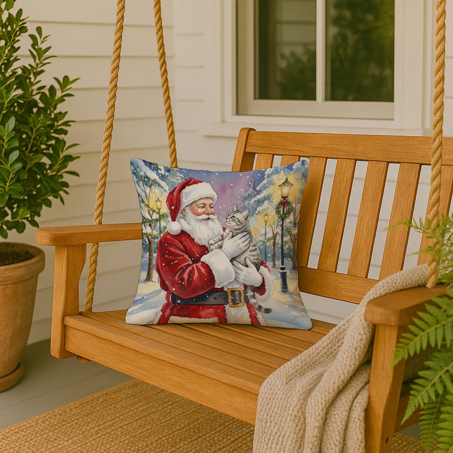 Silver Classic Tabby Cat with Santa Claus Decorative Throw Pillow 18x18 Indoor Outdoor Accent Cushion, Fabric Cover with Insert for Sofa, Bed, Porch & Living Room