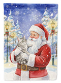 Silver Mackerel Tabby Cat with Santa Claus House Flag 28x40 Porch Sleeve Pole Decorative Outside Yard Banner Artwork Wall Hanging, Polyester