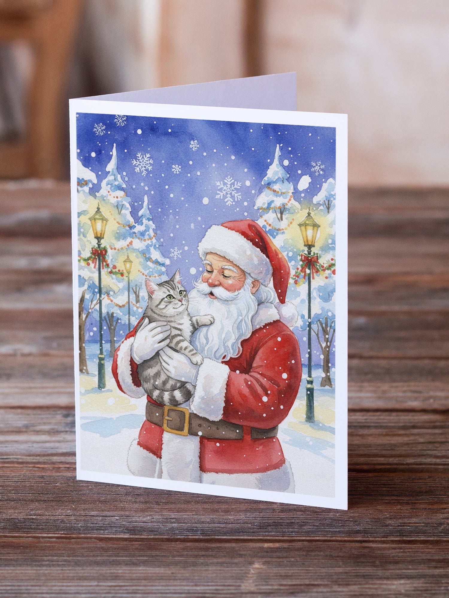 Silver Mackerel Tabby Cat with Santa Claus Greeting Cards Pack of 8 Blank Cards with Envelopes Whimsical A7 Size 5x7