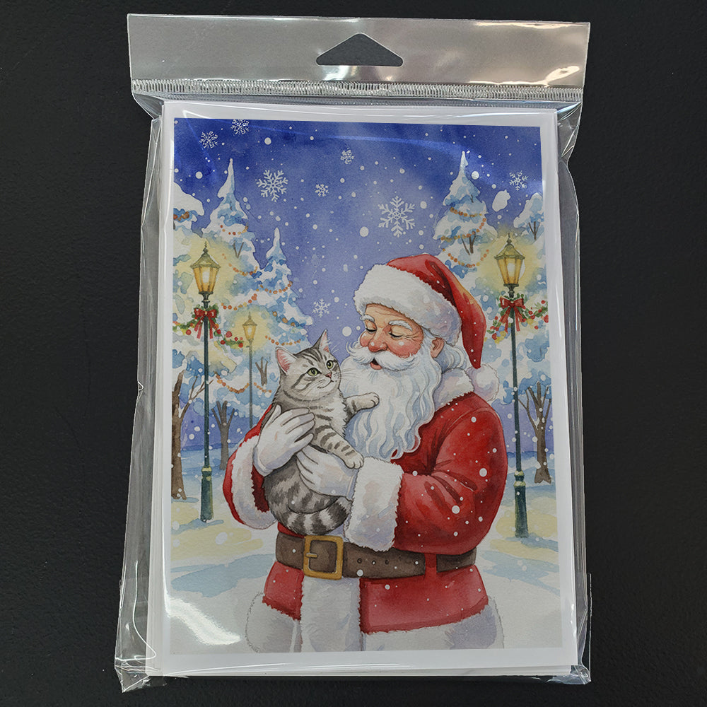 Silver Mackerel Tabby Cat with Santa Claus Greeting Cards Pack of 8 Blank Cards with Envelopes Whimsical A7 Size 5x7