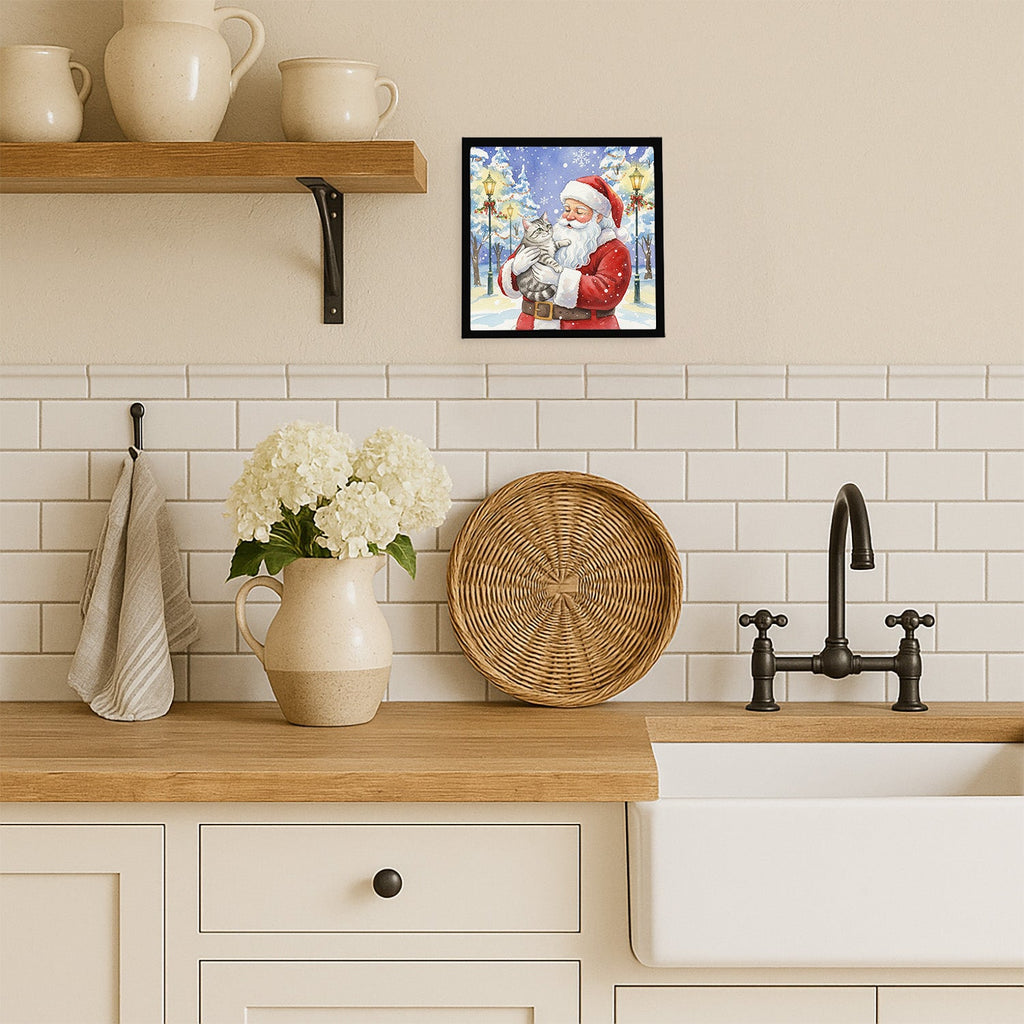 Silver Mackerel Tabby Cat with Santa Claus Framed Metal Print Bathroom, Kitchen, Office, Home Decor Wall Art Ready to Hang, Square, 8X8