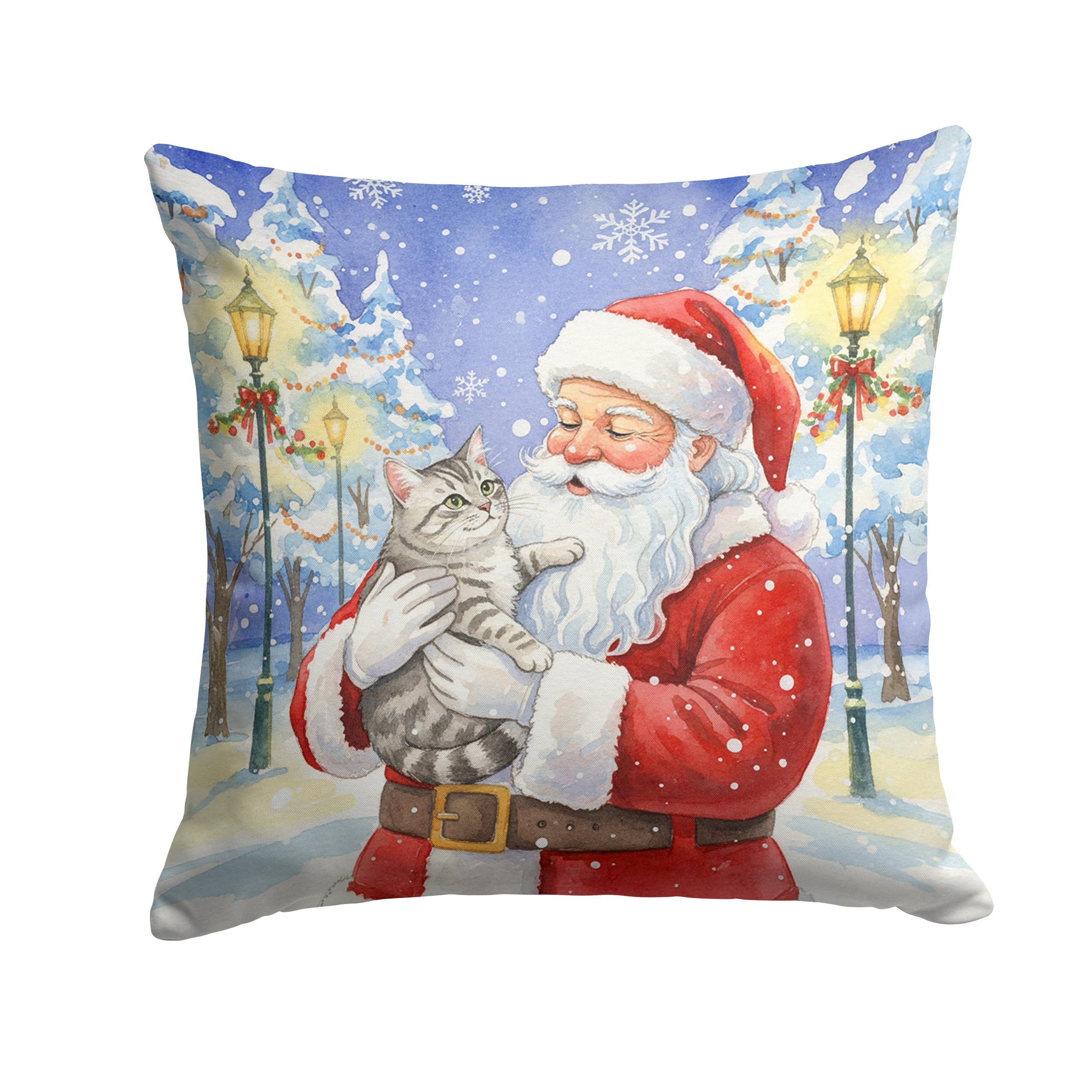 Silver Mackerel Tabby Cat with Santa Claus Decorative Throw Pillow 14x14 Indoor Outdoor Accent Cushion, Fabric Cover with Insert for Sofa, Bed, Porch & Living Room