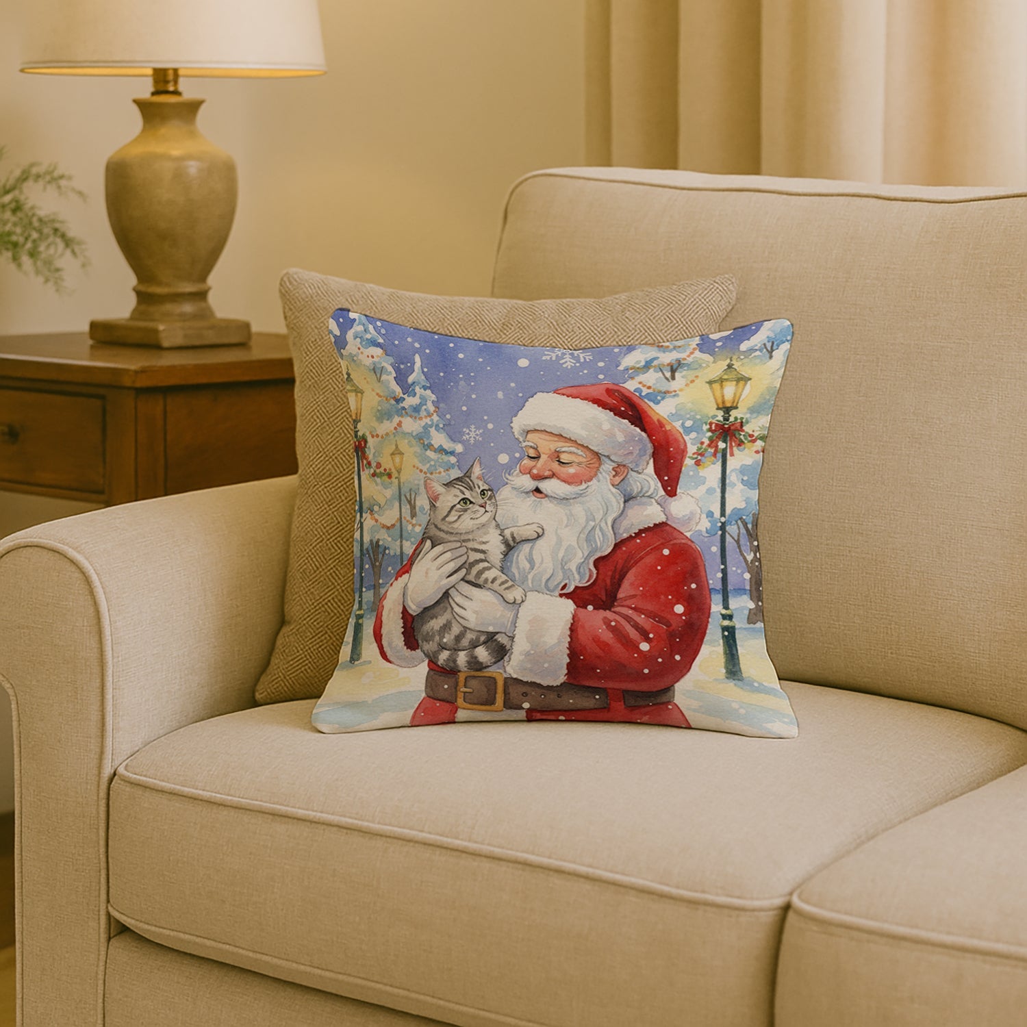 Silver Mackerel Tabby Cat with Santa Claus Decorative Throw Pillow 18x18 Indoor Outdoor Accent Cushion, Fabric Cover with Insert for Sofa, Bed, Porch & Living Room