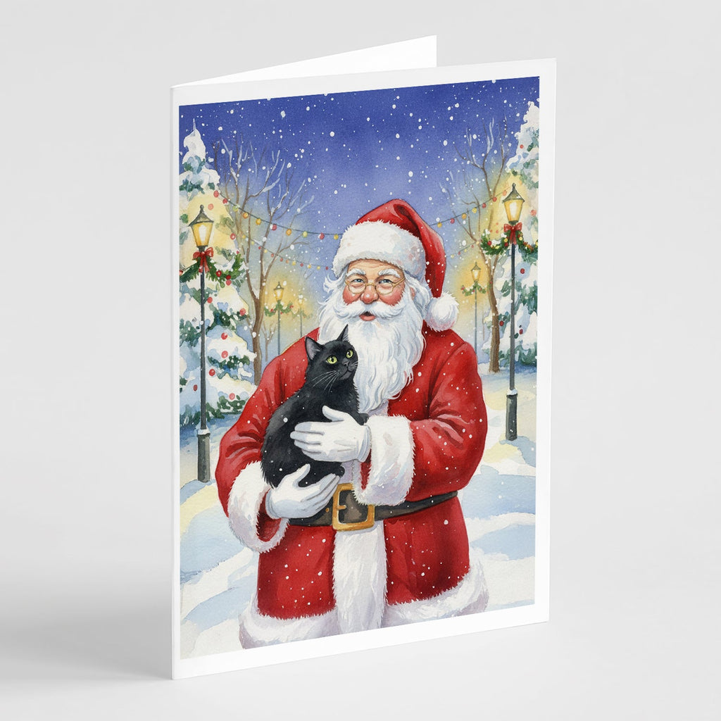 Black Cat with Santa Claus Greeting Cards Pack of 8 Blank Cards with Envelopes Whimsical A7 Size 5x7