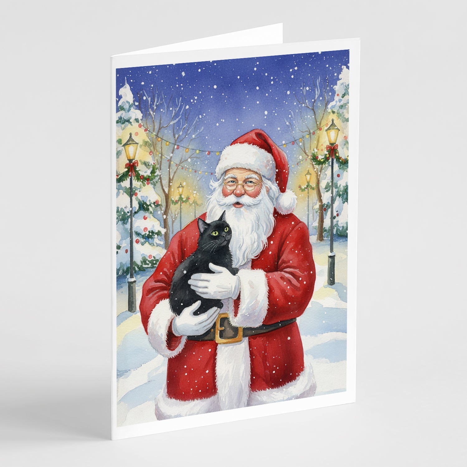 Black Cat with Santa Claus Greeting Cards Pack of 8 Blank Cards with Envelopes Whimsical A7 Size 5x7