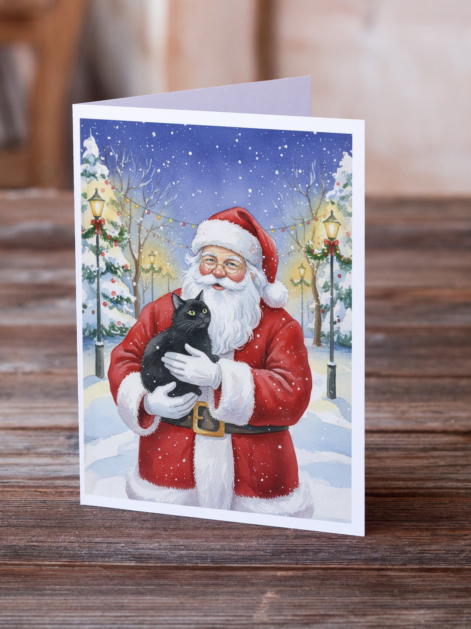 Black Cat with Santa Claus Greeting Cards Pack of 8 Blank Cards with Envelopes Whimsical A7 Size 5x7