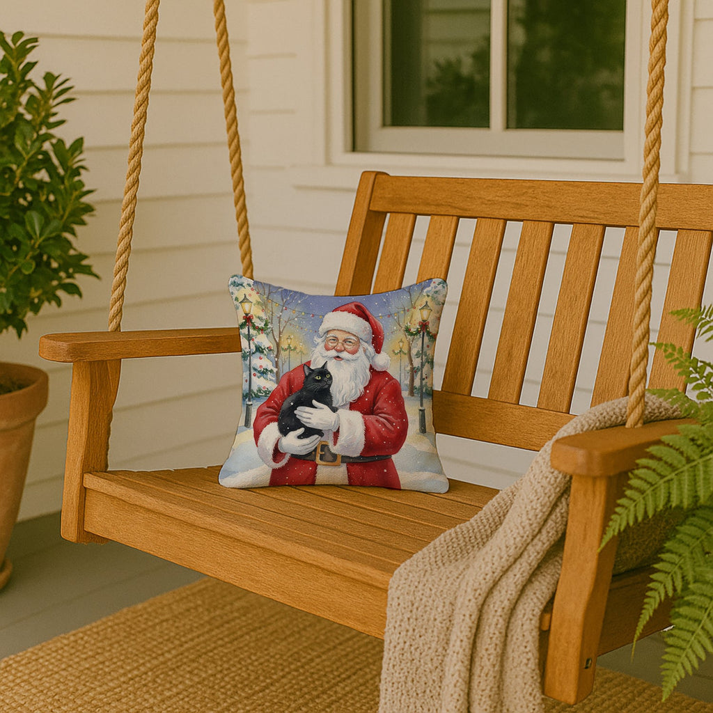 Black Cat with Santa Claus Decorative Throw Pillow 14x14 Indoor Outdoor Accent Cushion, Fabric Cover with Insert for Sofa, Bed, Porch & Living Room