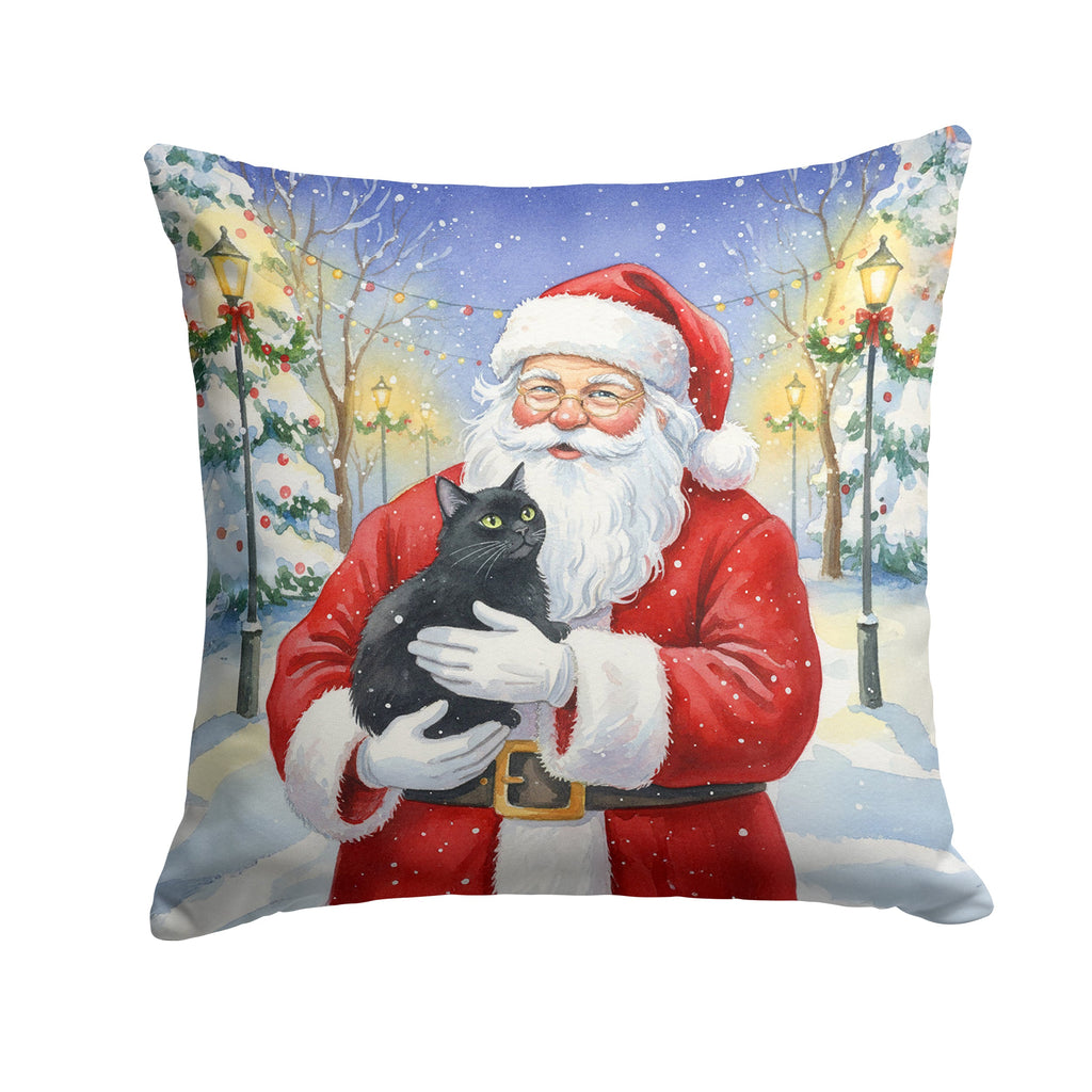 Black Cat with Santa Claus Decorative Throw Pillow 18x18 Indoor Outdoor Accent Cushion, Fabric Cover with Insert for Sofa, Bed, Porch & Living Room