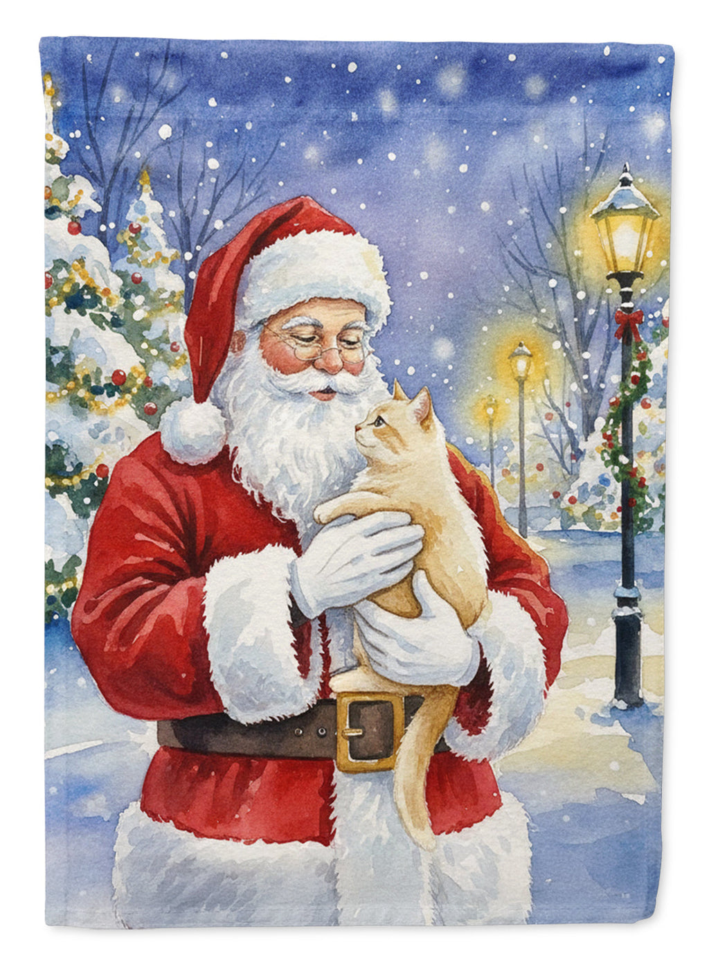 Cream Cat with Santa Claus House Flag 28x40 Porch Sleeve Pole Decorative Outside Yard Banner Artwork Wall Hanging, Polyester