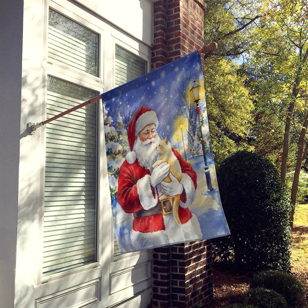 Cream Cat with Santa Claus House Flag 28x40 Porch Sleeve Pole Decorative Outside Yard Banner Artwork Wall Hanging, Polyester