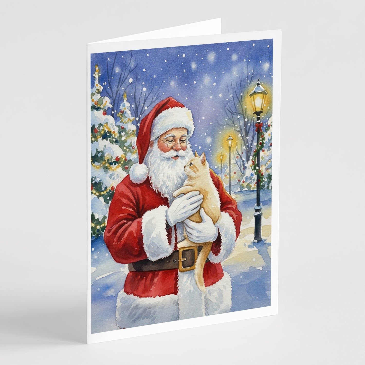 Cream Cat with Santa Claus Greeting Cards Pack of 8 Blank Cards with Envelopes Whimsical A7 Size 5x7