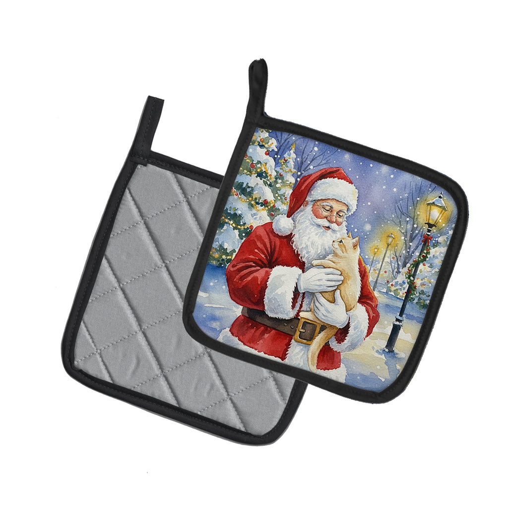 Cream Cat with Santa Claus Pot Holder Set of 2 Heat Resistant Quilted Hot Pads 7.5 x 7.5 Inch, Insulated Kitchen Trivets for Cooking & Baking