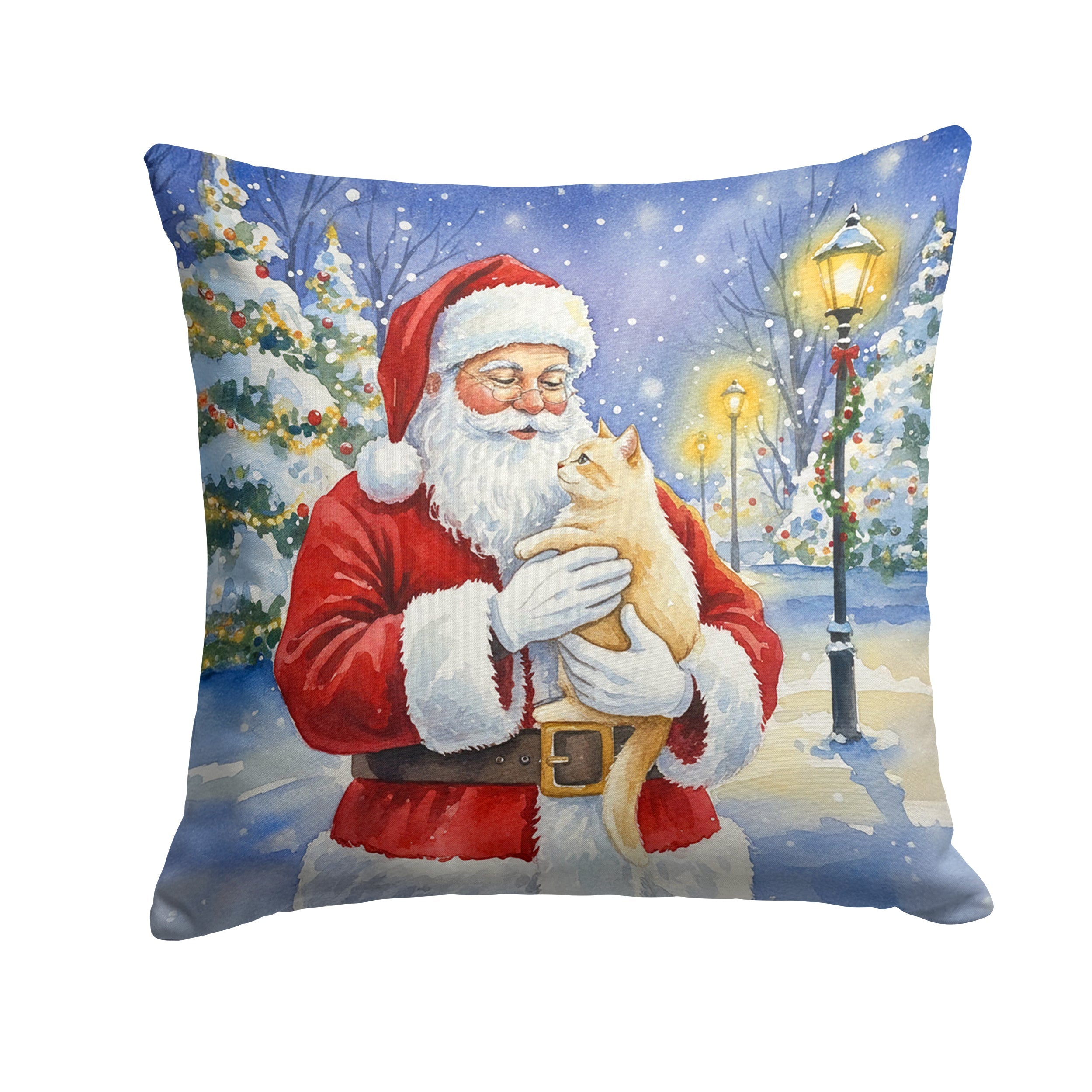 Cream Cat with Santa Claus Decorative Throw Pillow 18x18 Indoor Outdoor Accent Cushion, Fabric Cover with Insert for Sofa, Bed, Porch & Living Room