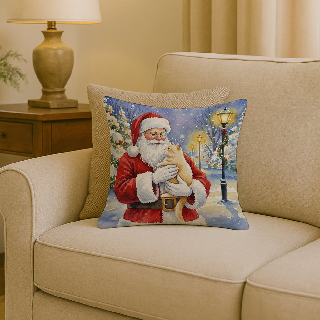 Cream Cat with Santa Claus Decorative Throw Pillow 18x18 Indoor Outdoor Accent Cushion, Fabric Cover with Insert for Sofa, Bed, Porch & Living Room