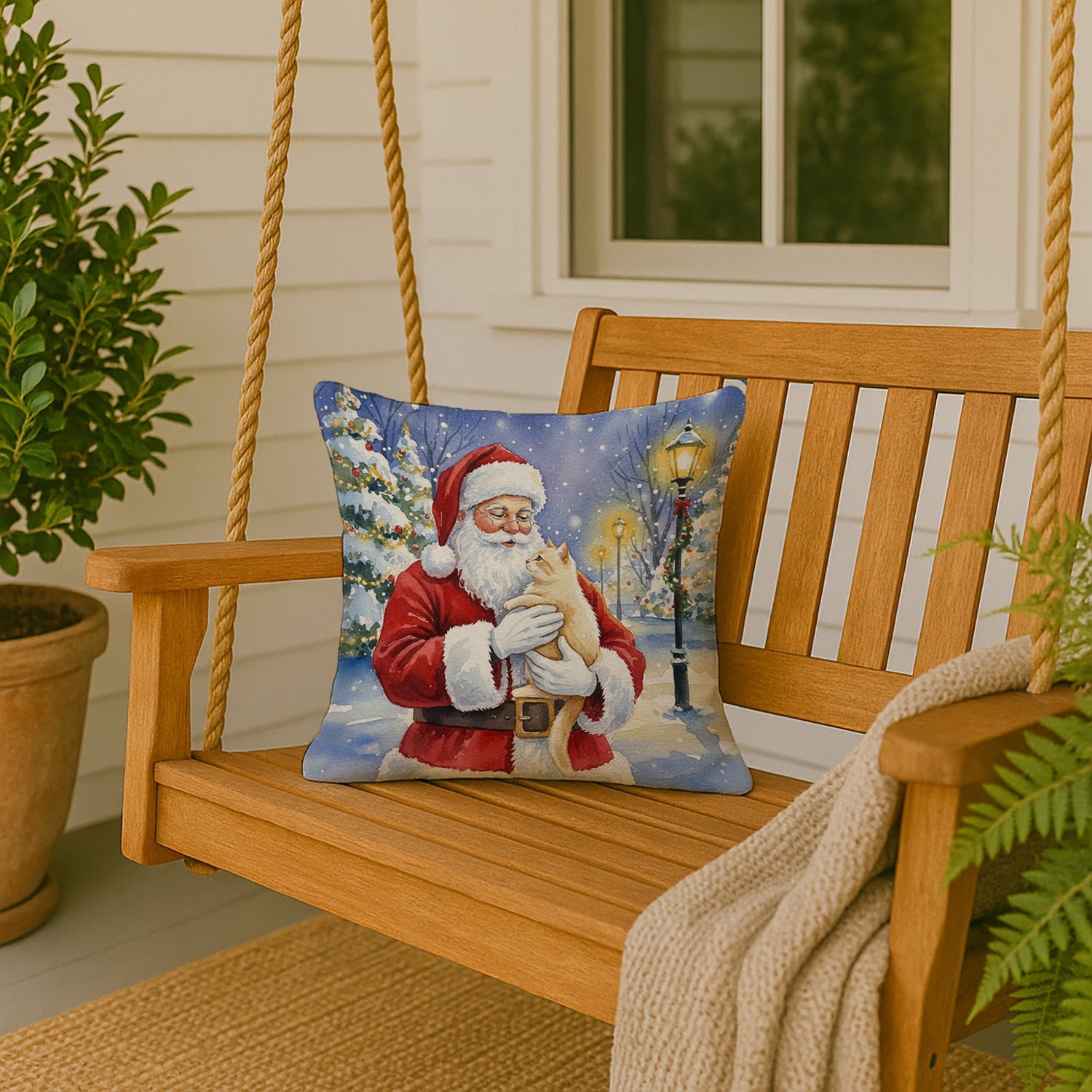 Cream Cat with Santa Claus Decorative Throw Pillow 18x18 Indoor Outdoor Accent Cushion, Fabric Cover with Insert for Sofa, Bed, Porch & Living Room