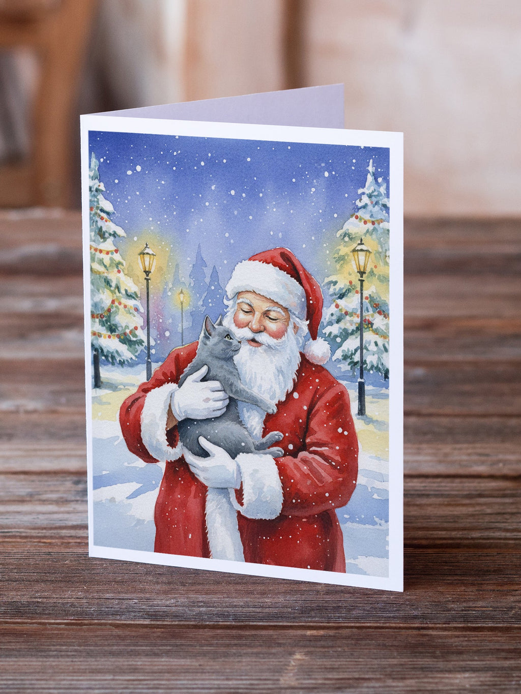 Gray Cat with Santa Claus Greeting Cards Pack of 8 Blank Cards with Envelopes Whimsical A7 Size 5x7