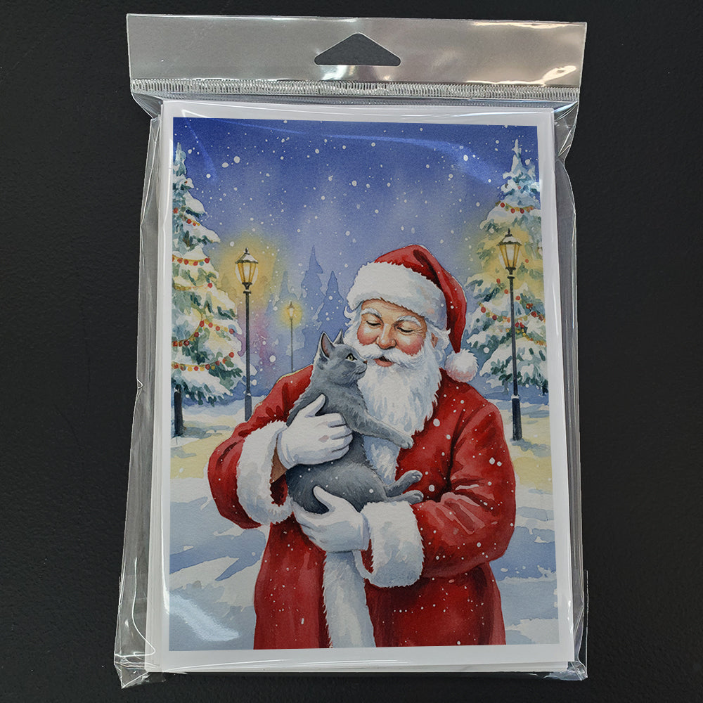 Gray Cat with Santa Claus Greeting Cards Pack of 8 Blank Cards with Envelopes Whimsical A7 Size 5x7