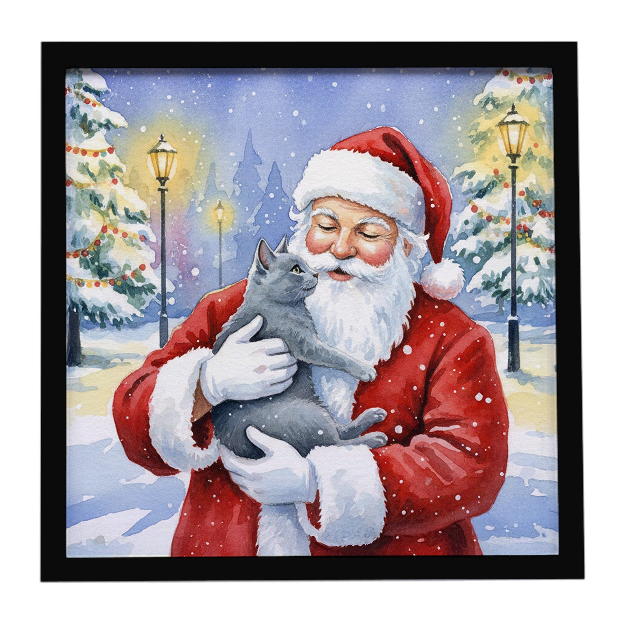 Gray Cat with Santa Claus Framed Metal Print Bathroom, Kitchen, Office, Home Decor Wall Art Ready to Hang, Square, 8X8