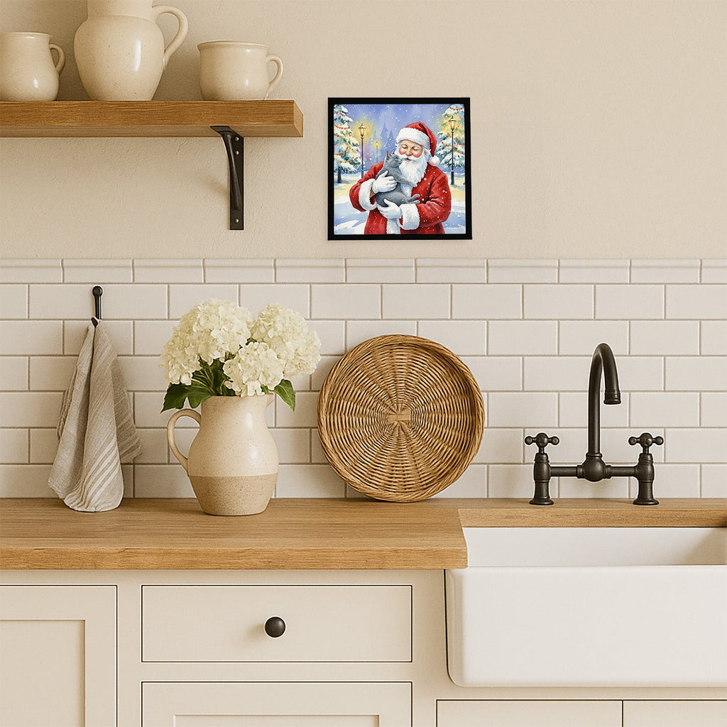 Gray Cat with Santa Claus Framed Metal Print Bathroom, Kitchen, Office, Home Decor Wall Art Ready to Hang, Square, 8X8