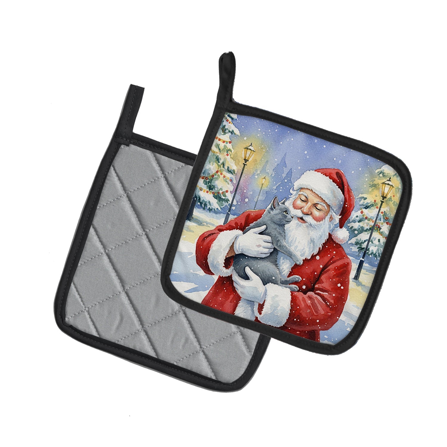 Gray Cat with Santa Claus Pot Holder Set of 2 Heat Resistant Quilted Hot Pads 7.5 x 7.5 Inch, Insulated Kitchen Trivets for Cooking & Baking