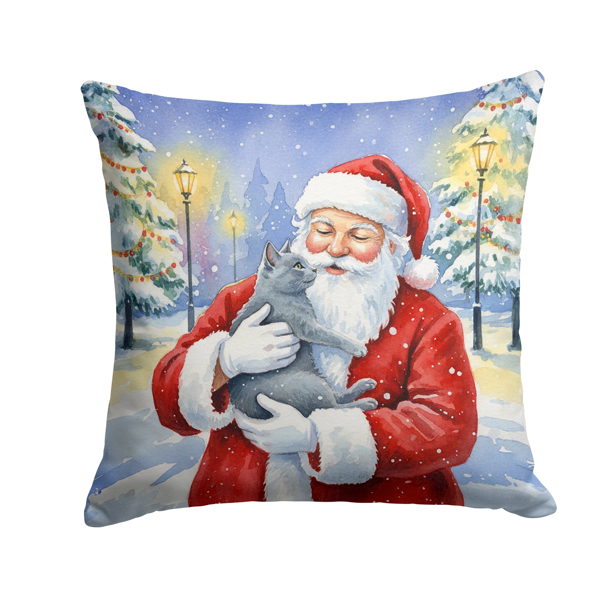 Gray Cat with Santa Claus Decorative Throw Pillow 18x18 Indoor Outdoor Accent Cushion, Fabric Cover with Insert for Sofa, Bed, Porch & Living Room