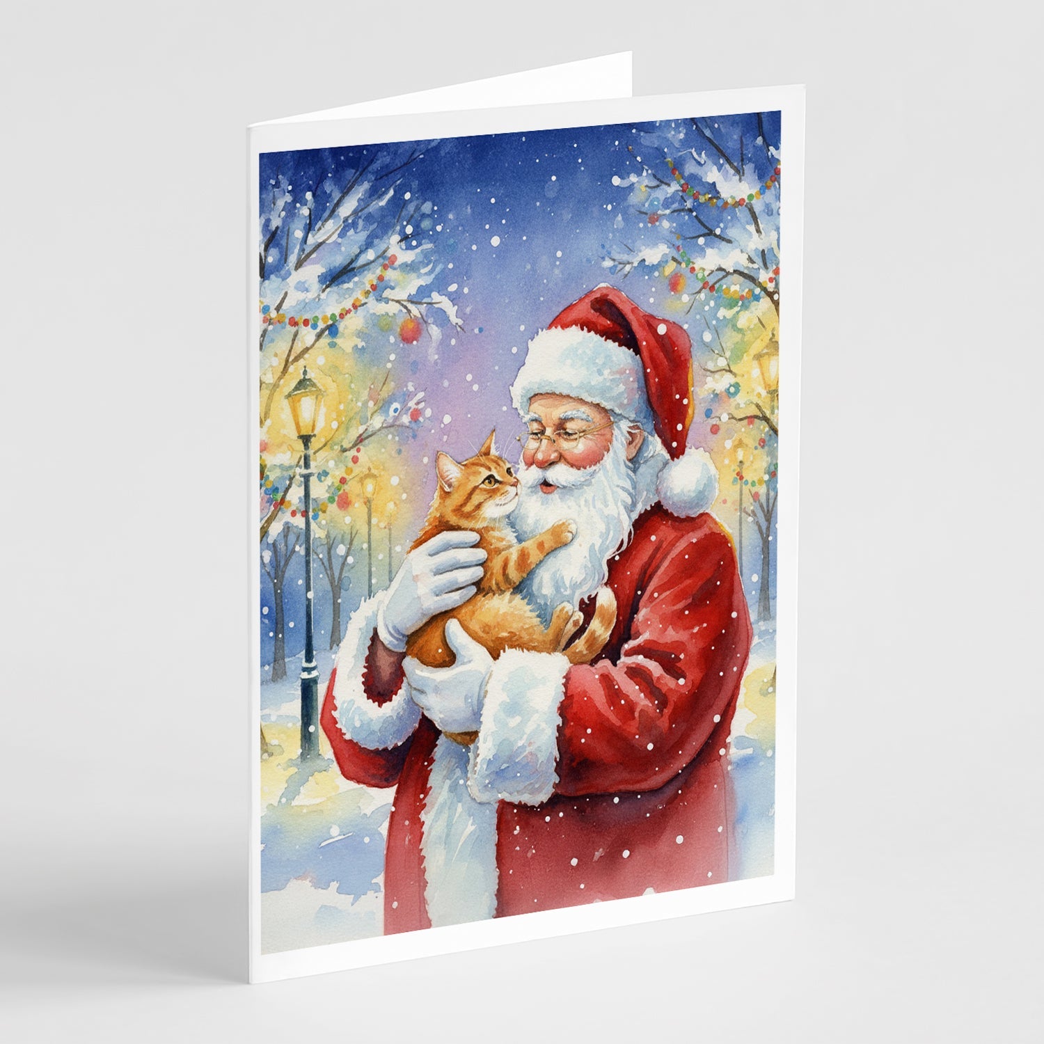 Red Ginger Cat with Santa Claus Greeting Cards Pack of 8 Blank Cards with Envelopes Whimsical A7 Size 5x7
