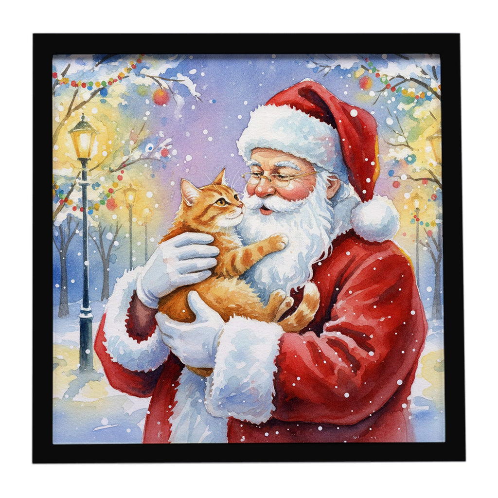 Red Ginger Cat with Santa Claus Framed Metal Print Bathroom, Kitchen, Office, Home Decor Wall Art Ready to Hang, Square, 8X8