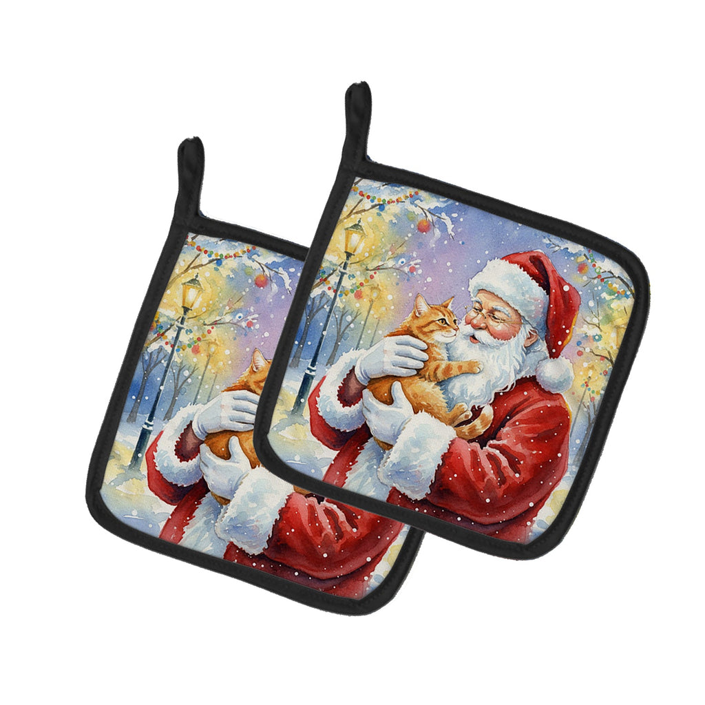 Red Ginger Cat with Santa Claus Pot Holder Set of 2 Heat Resistant Quilted Hot Pads 7.5 x 7.5 Inch, Insulated Kitchen Trivets for Cooking & Baking