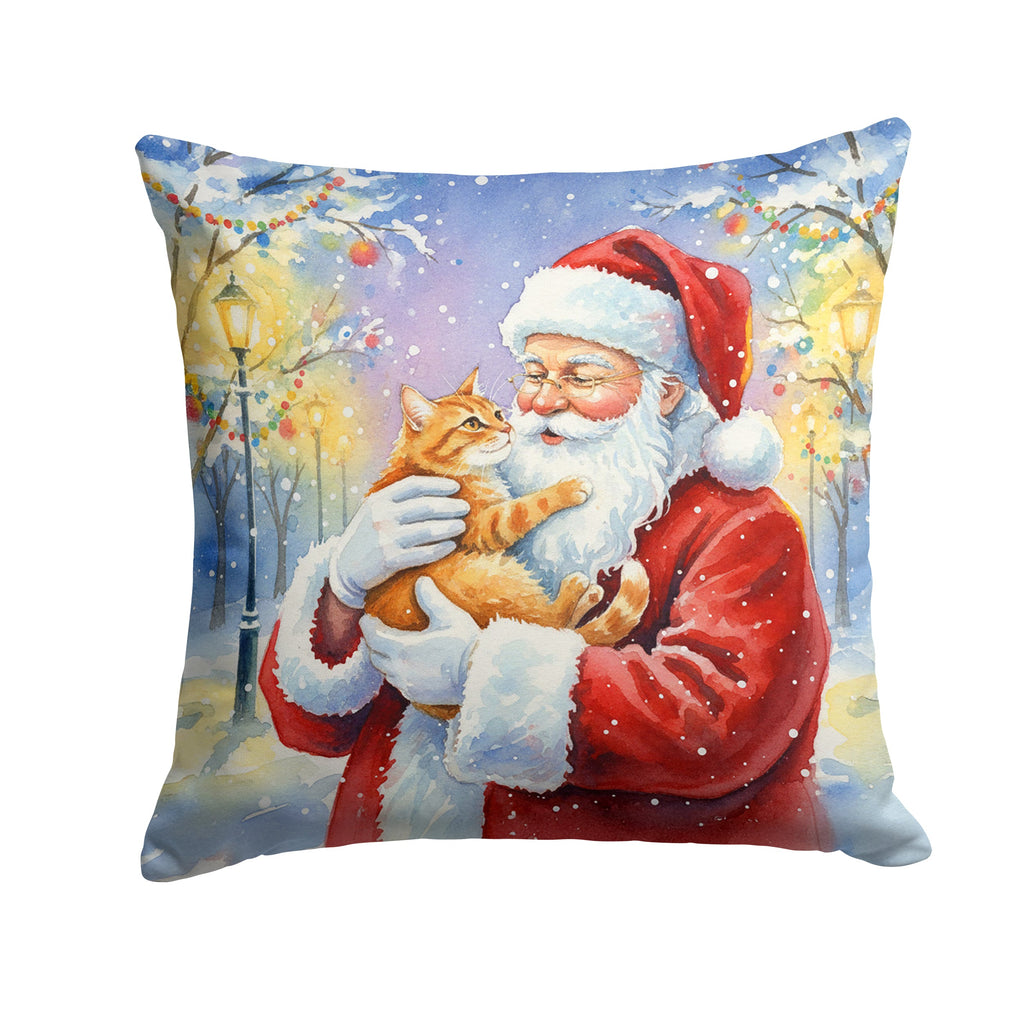 Red Ginger Cat with Santa Claus Decorative Throw Pillow 14x14 Indoor Outdoor Accent Cushion, Fabric Cover with Insert for Sofa, Bed, Porch & Living Room