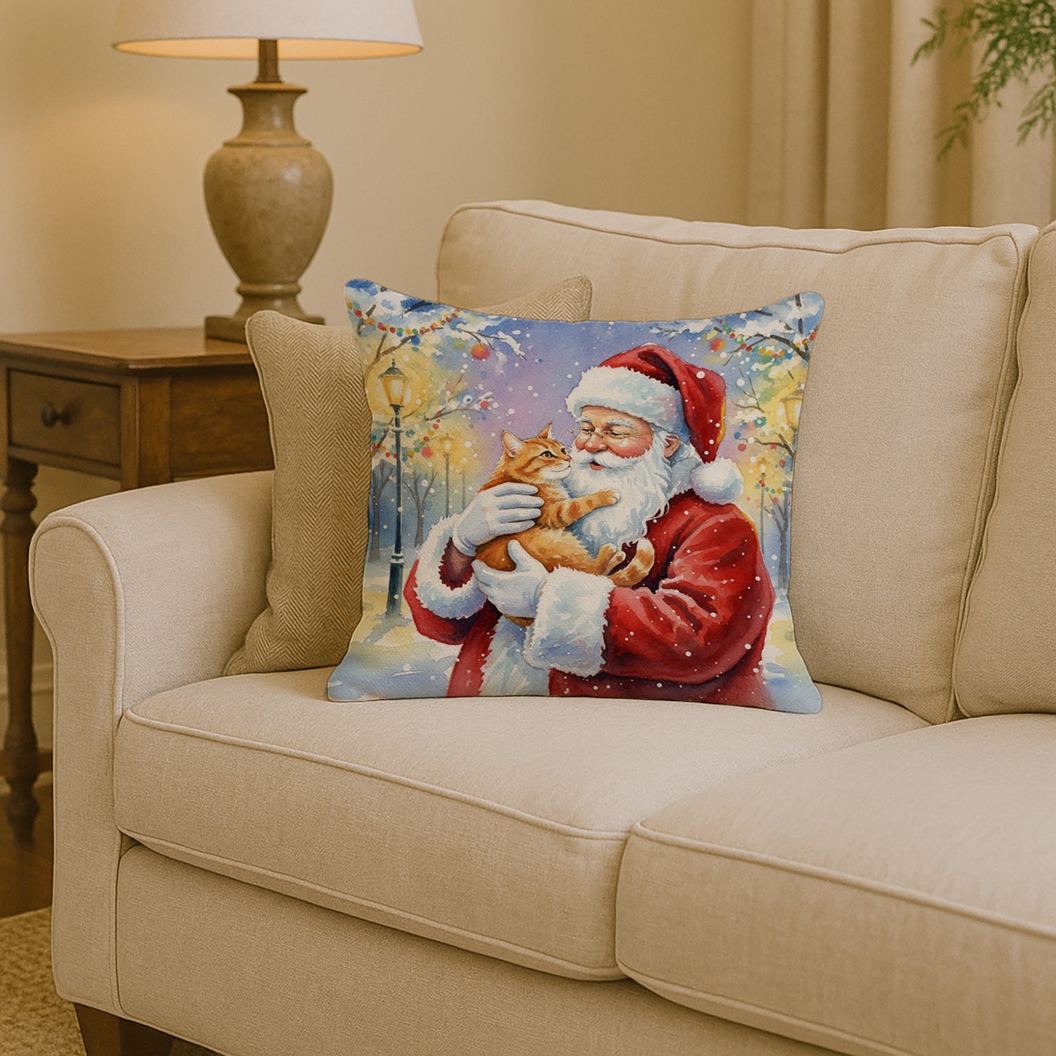 Red Ginger Cat with Santa Claus Decorative Throw Pillow 14x14 Indoor Outdoor Accent Cushion, Fabric Cover with Insert for Sofa, Bed, Porch & Living Room