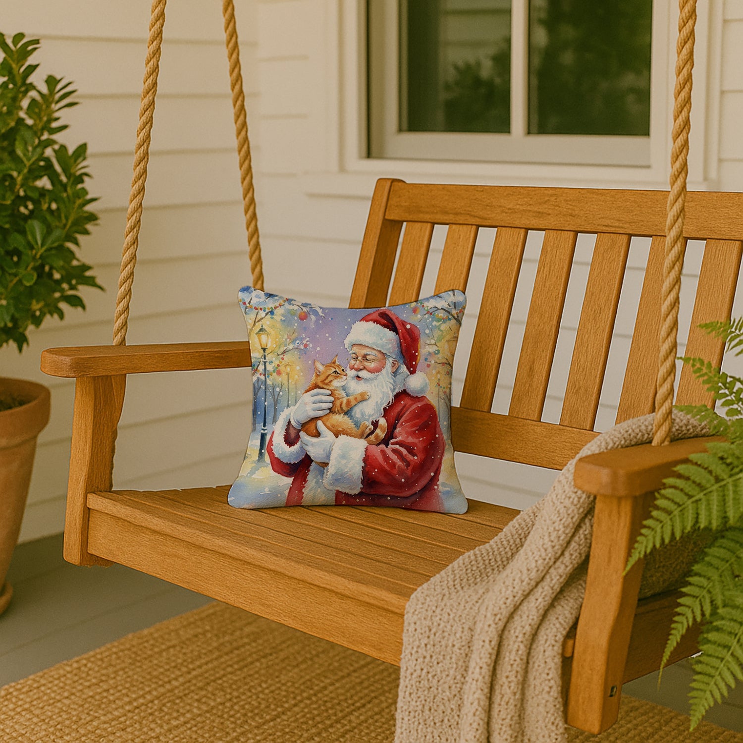 Red Ginger Cat with Santa Claus Decorative Throw Pillow 14x14 Indoor Outdoor Accent Cushion, Fabric Cover with Insert for Sofa, Bed, Porch & Living Room