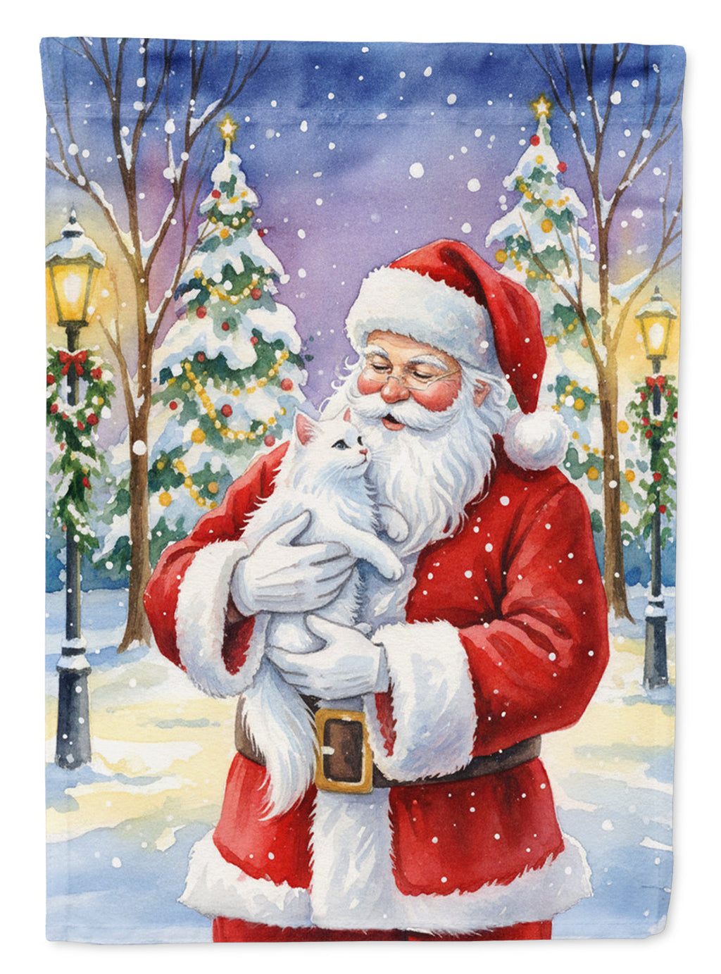 White Cat with Santa Claus House Flag 28x40 Porch Sleeve Pole Decorative Outside Yard Banner Artwork Wall Hanging, Polyester