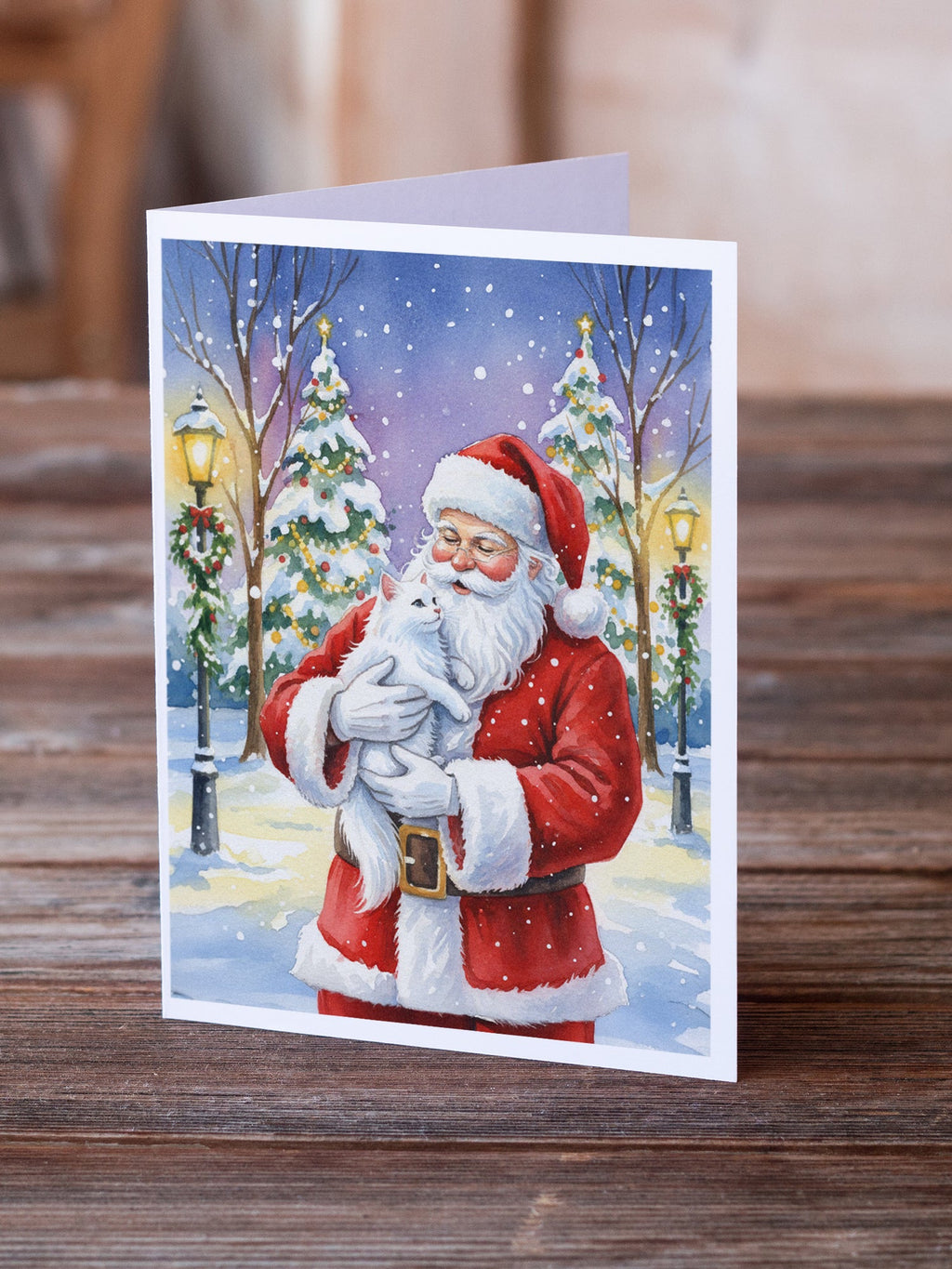White Cat with Santa Claus Greeting Cards Pack of 8 Blank Cards with Envelopes Whimsical A7 Size 5x7