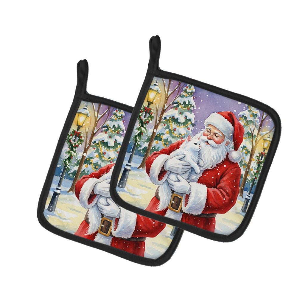 White Cat with Santa Claus Pot Holder Set of 2 Heat Resistant Quilted Hot Pads 7.5 x 7.5 Inch, Insulated Kitchen Trivets for Cooking & Baking