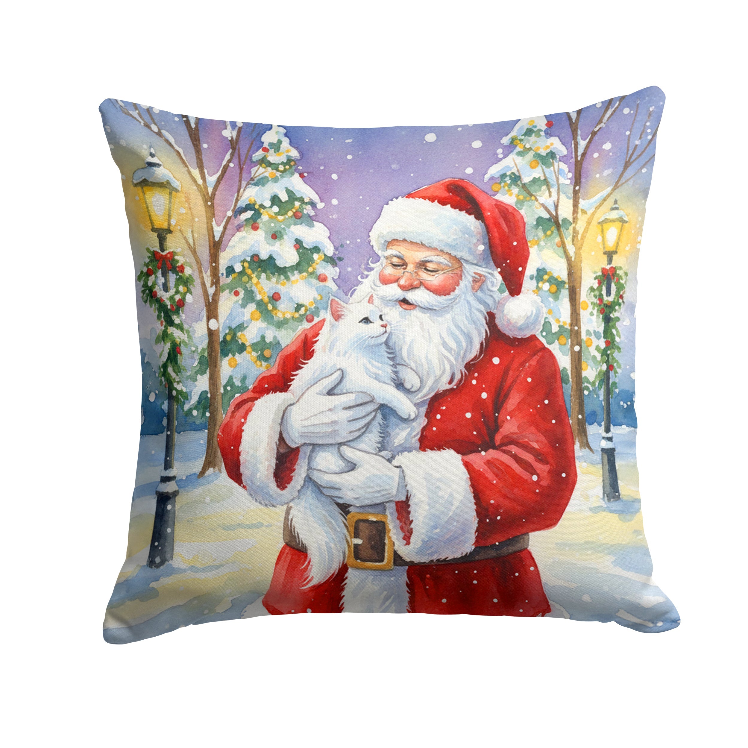 White Cat with Santa Claus Decorative Throw Pillow 18x18 Indoor Outdoor Accent Cushion, Fabric Cover with Insert for Sofa, Bed, Porch & Living Room