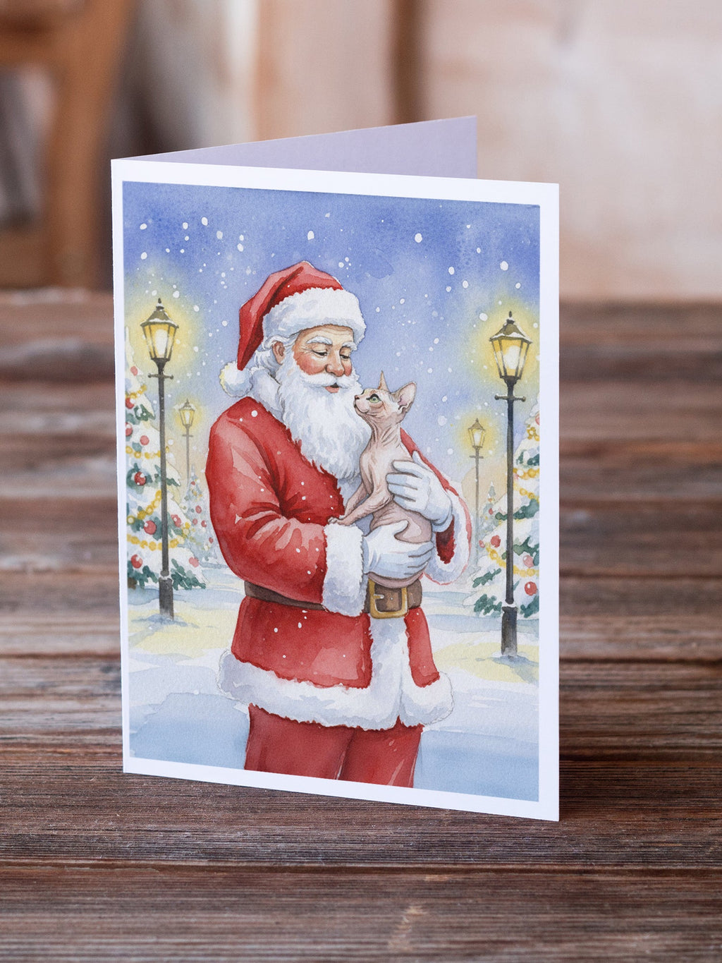 Sphynx Cat with Santa Claus Greeting Cards Pack of 8 Blank Cards with Envelopes Whimsical A7 Size 5x7