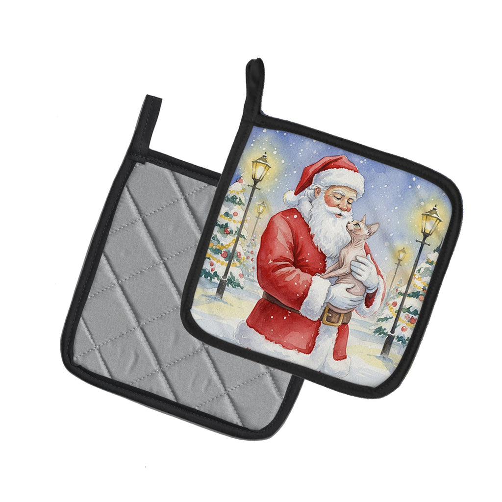Sphynx Cat with Santa Claus Pot Holder Set of 2 Heat Resistant Quilted Hot Pads 7.5 x 7.5 Inch, Insulated Kitchen Trivets for Cooking & Baking