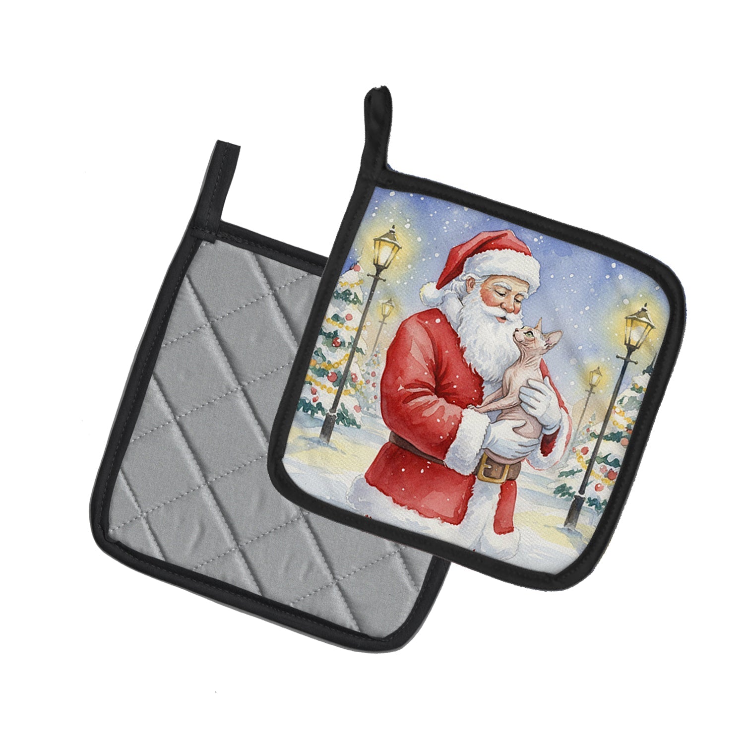 Sphynx Cat with Santa Claus Pot Holder Set of 2 Heat Resistant Quilted Hot Pads 7.5 x 7.5 Inch, Insulated Kitchen Trivets for Cooking & Baking