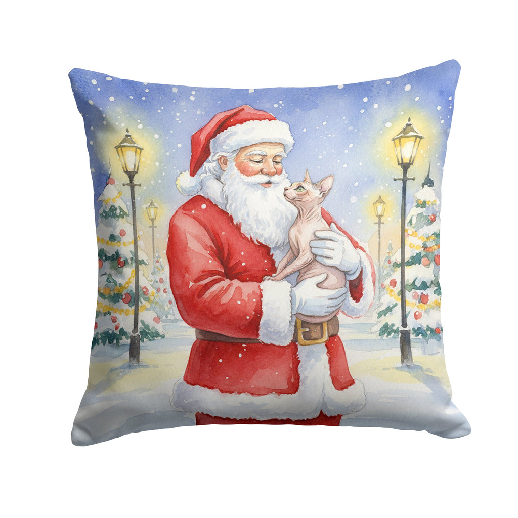 Sphynx Cat with Santa Claus Decorative Throw Pillow 14x14 Indoor Outdoor Accent Cushion, Fabric Cover with Insert for Sofa, Bed, Porch & Living Room