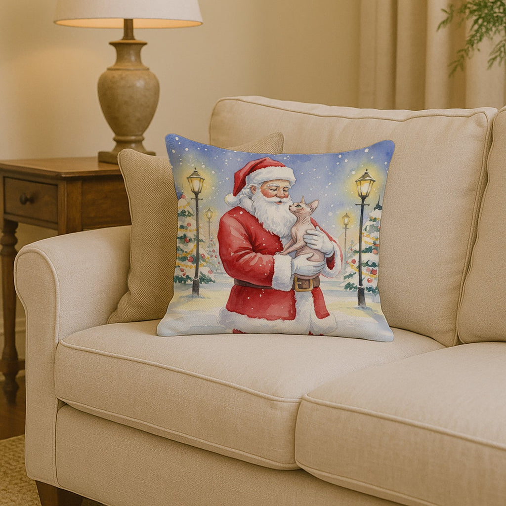 Sphynx Cat with Santa Claus Decorative Throw Pillow 14x14 Indoor Outdoor Accent Cushion, Fabric Cover with Insert for Sofa, Bed, Porch & Living Room