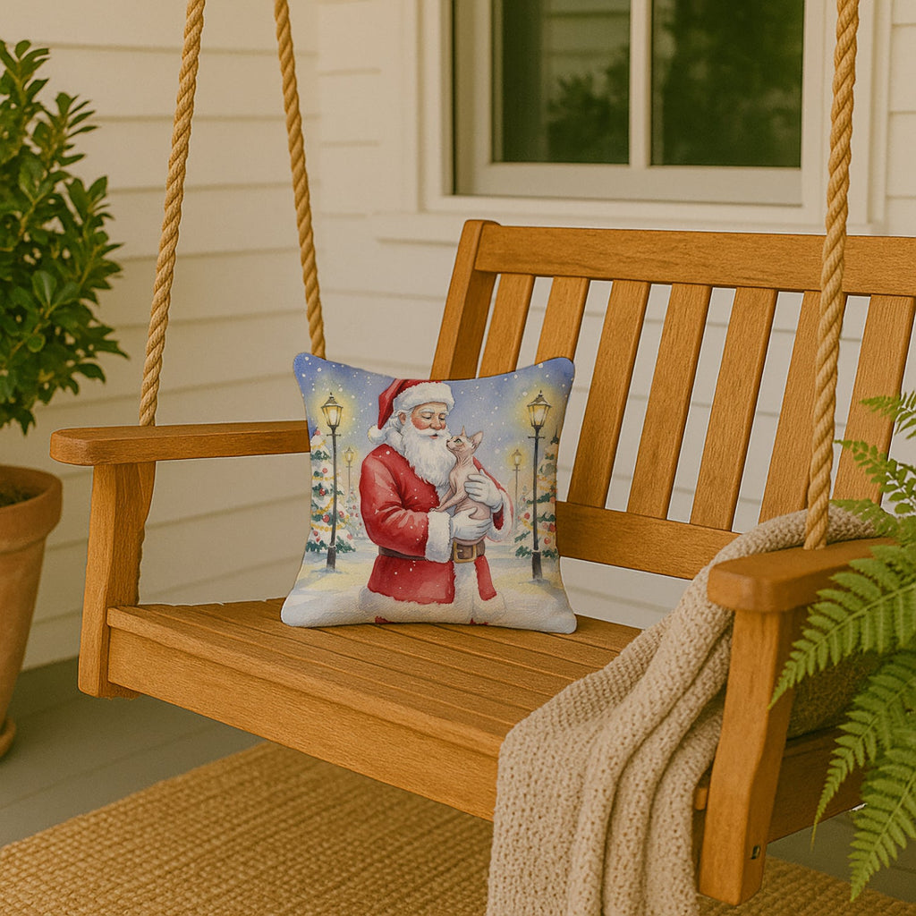 Sphynx Cat with Santa Claus Decorative Throw Pillow 14x14 Indoor Outdoor Accent Cushion, Fabric Cover with Insert for Sofa, Bed, Porch & Living Room