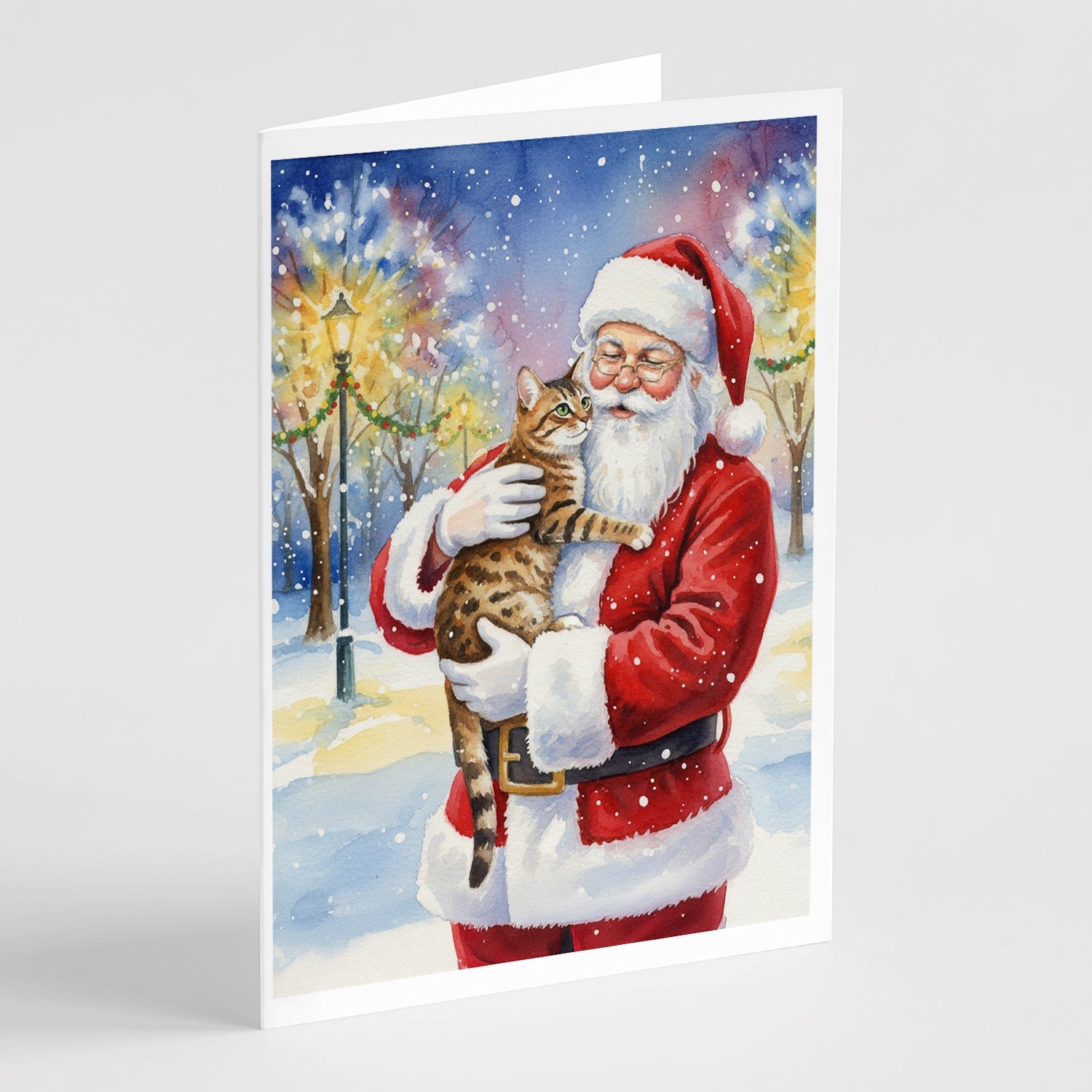 Spotted Tabby Brown Cat with Santa Claus Greeting Cards Pack of 8 Blank Cards with Envelopes Whimsical A7 Size 5x7