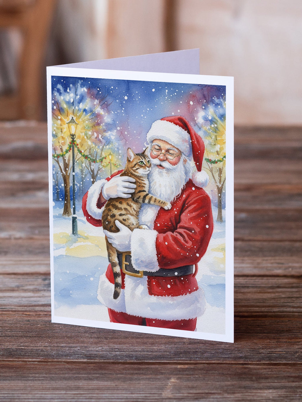 Spotted Tabby Brown Cat with Santa Claus Greeting Cards Pack of 8 Blank Cards with Envelopes Whimsical A7 Size 5x7