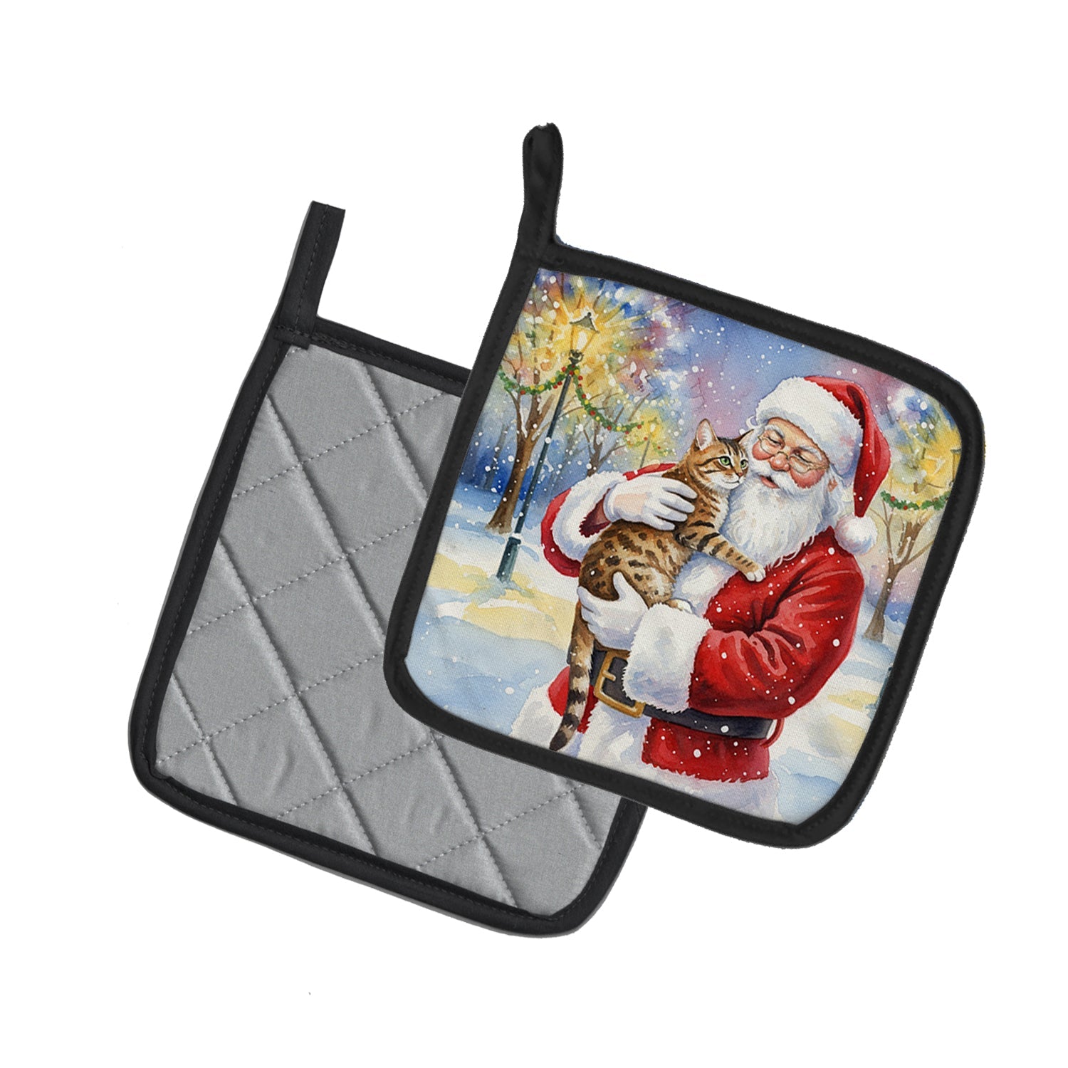 Spotted Tabby Brown Cat with Santa Claus Pot Holder Set of 2 Heat Resistant Quilted Hot Pads 7.5 x 7.5 Inch, Insulated Kitchen Trivets for Cooking & Baking
