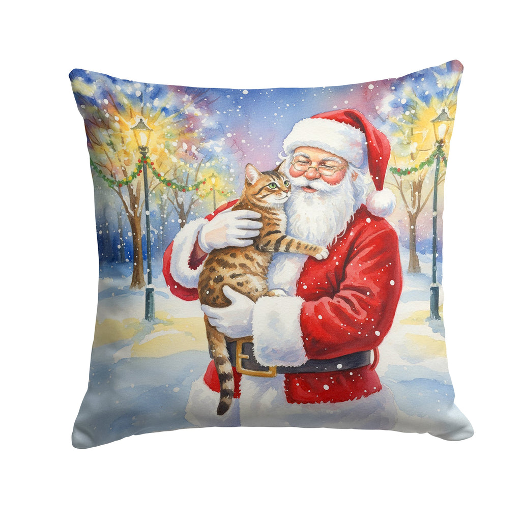 Spotted Tabby Brown Cat with Santa Claus Decorative Throw Pillow 14x14 Indoor Outdoor Accent Cushion, Fabric Cover with Insert for Sofa, Bed, Porch & Living Room